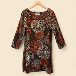 Aryeh 3/4 Sleeve Patterned A-Line Dress in Charcoal, Orange, and Silver Size XL